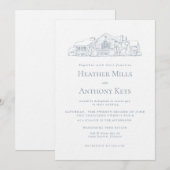 Stofblauwe uitnodiging met schets van de locatie (Voorkant / Achterkant)