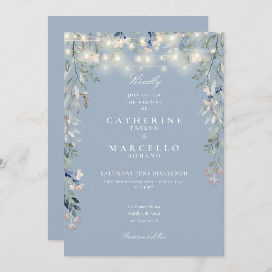 Stofblauwe veldbloemen slingerlichten bruiloft kaart (Voorkant / Achterkant)