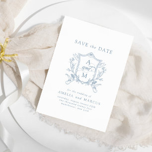 Stofblauwe Vintage Crest Save the Date Kaart