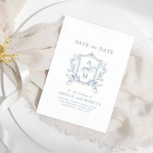 Stofblauwe Vintage Crest Save the Date Kaart