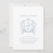 Stofblauwe Vintage Crest Save the Date Kaart (Voorkant)