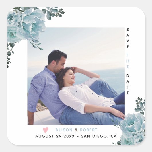 Stofblauwe waterverf en foto vierkante sticker (Voorkant)