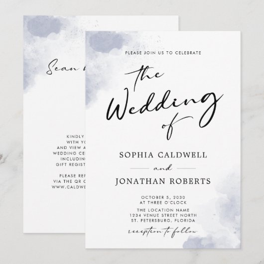 Stofblauwe Waterverf Kalligrafie QR Code Bruiloft Kaart (Voorkant / Achterkant)