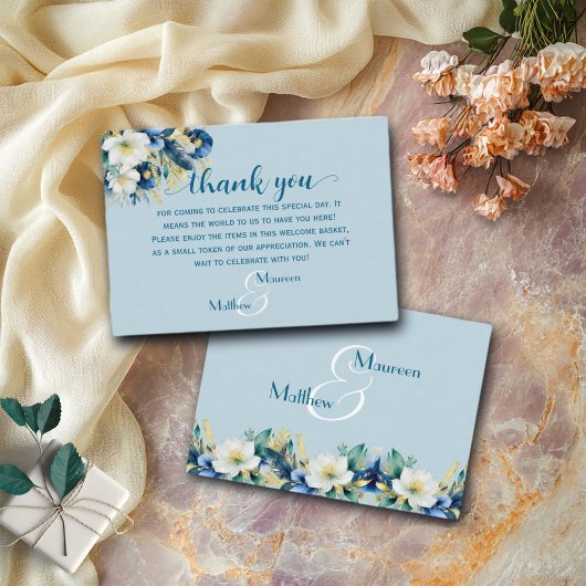 Stofblauwe welkomstcadeautaszak & mand plaatskaart informatiekaartje