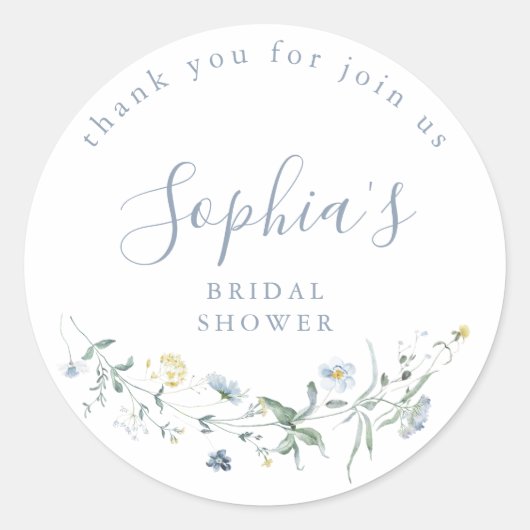 Stofblauwe Wilde Bloem Rustieke Boho Bruidsdouche Ronde Sticker (Voorkant)