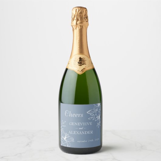 Stofblauwe witte lelie champagnefles label sticker (Voorkant)