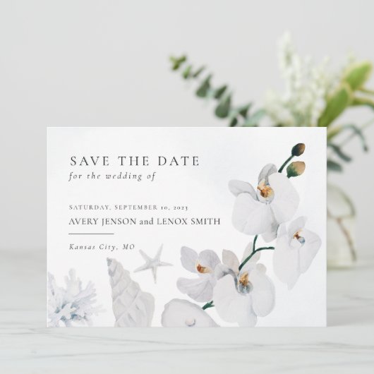 Stofblauwe Zeeschelp Witte Orchidee Strand Save The Date (Staand voorkant)