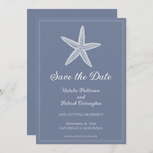 Stofblauwe Zeester Save-the-Date Uitnodiging (Voorkant / Achterkant)