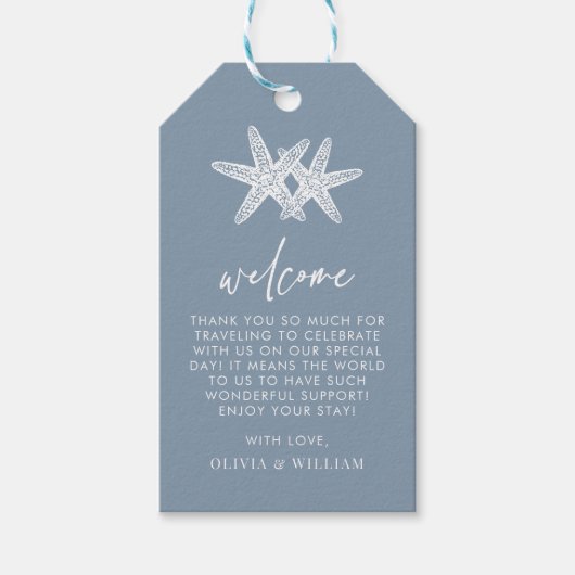 Stofblauwe Zeester Strand Elegante Trouw Welkom Cadeaulabel (Voorkant)