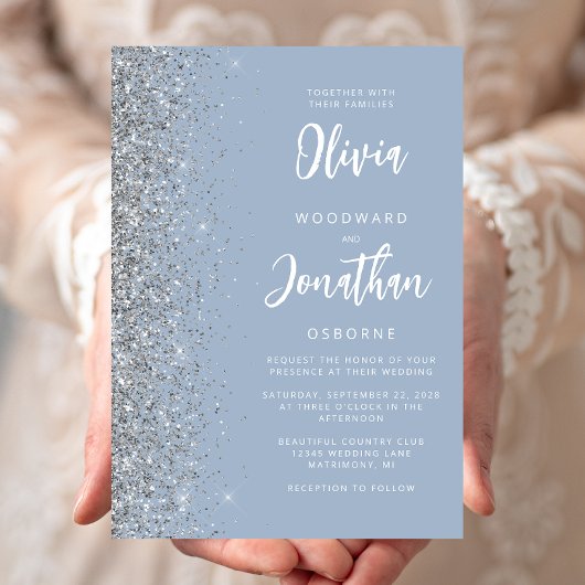 Stofblauwe Zilveren Glitter Calligraphy Bruiloft Kaart