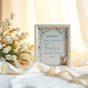 Stofbloauw Bosvos Baby Shower Favor Bord Poster