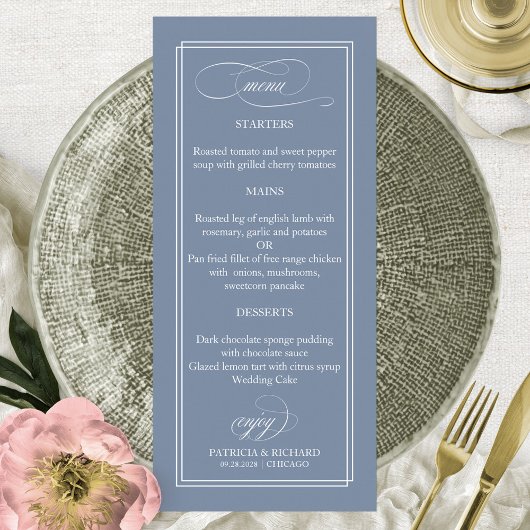 Stofbloauw Eenvoudig Elegant 4x9 Trouwmenu Menu