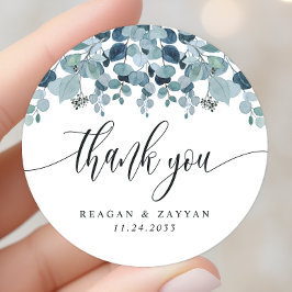 Stofbloauw Eucalyptus Groene Huwelijks Dankjewel Ronde Sticker