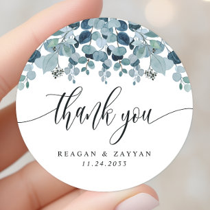Stofbloauw Eucalyptus Groene Huwelijks Dankjewel Ronde Sticker
