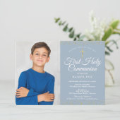 Stofbloauw Goud Stof Eerste Heilige Communie Foto Kaart (Staand voorkant)