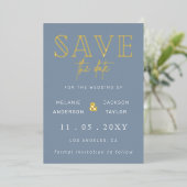 Stofbloauw Handgeschreven Script Foto Save The Dat Folie Uitnodiging (Staand Voorkant)