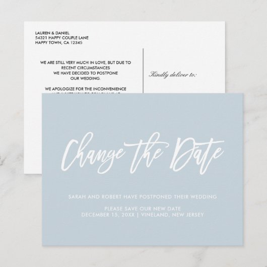 Stofbloauw Huwelijksdatum Uitgesteld Afgelast Aankondigingskaart (Voorkant / Achterkant)
