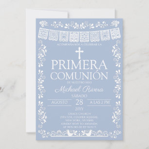 Stofbloauw Papel Picado Primera Comunión Kaart