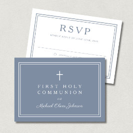 Stofbloauw Religieus Kruis Jongen Eerste Communie RSVP Kaartje