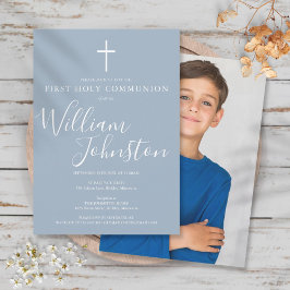 Stofbloauw Schrift Modern Eerste Heilige Communie Kaart