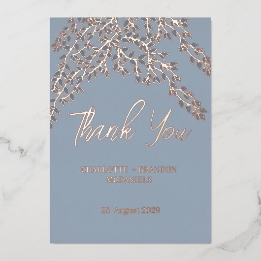 Stofbloauwe Bladeren Trouw Dank Je Rose Goud   Folie Uitnodiging (Voorkant)