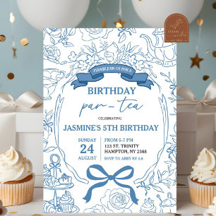 Stofbloauwe Chinoiserie Verjaardags Par-Tea Kaart