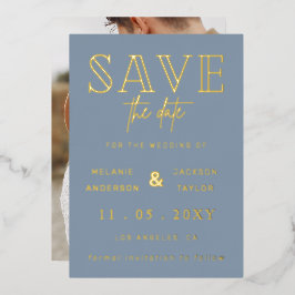 Stofbloauwe handgeschreven script foto save the da folie uitnodiging