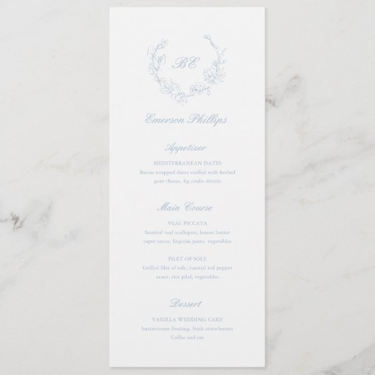 Stofbloauwe Monogram Gastnaam Elegante Trouw Menu (Voorkant)