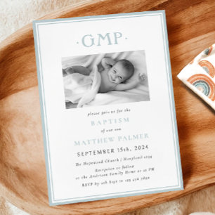 Stofbloauwe Monogram Jongens Baby Doop Aankondiging