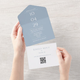 Stofbloauwe Monogram QR Code Trouwdatum All In One Uitnodiging