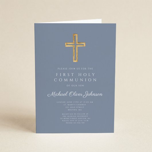 Stofbloauwe religieuze kruis jongen eerste communi