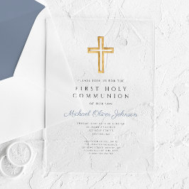 Stofbloauwe religieuze kruis jongen eerste communi acryl uitnodigingen