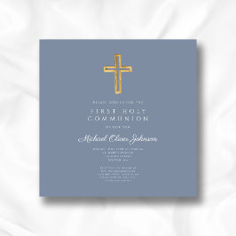 Stofbloauwe religieuze kruis jongen eerste communi kaart