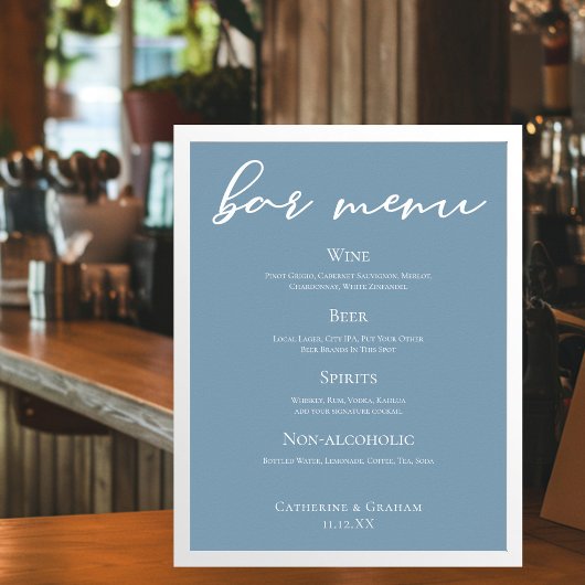 Stofbloauwe typografie trouwbarmenu poster