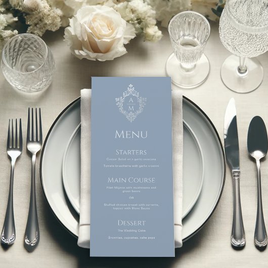 Stofbloauwe Vintage Crest Trouw Monogram Menu