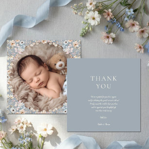 Stofbloem Baby Shower Foto in Stofblauw Bedankkaart