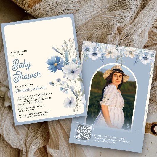 Stofbloem Baby Shower QR Code Foto Uitnodiging