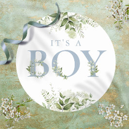 Stofbloem Baby Shower voor Jongen met Groene Bloem Ronde Sticker