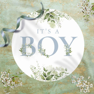 Stofbloem Baby Shower voor Jongen met Groene Bloem Ronde Sticker