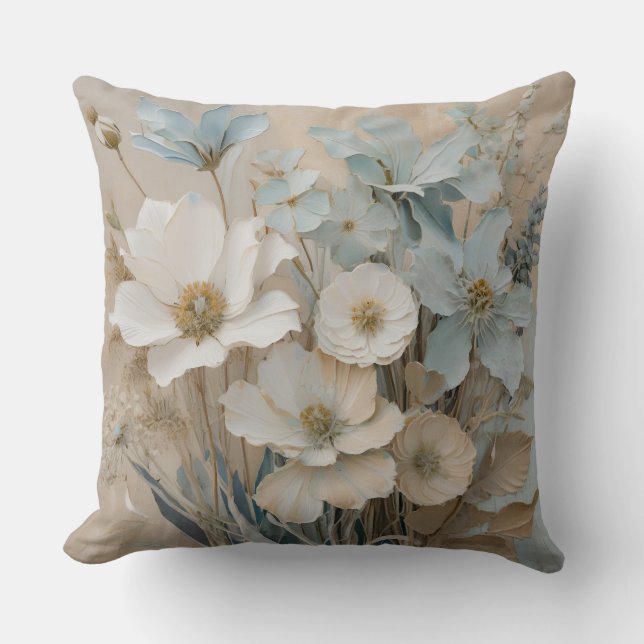 Stofbloem Blauw Beige Wit Crème Bloemmotief Kussen (Voorkant)