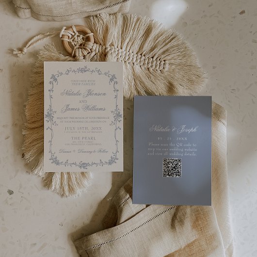 Stofbloem Blauw Bloem Boho Botanische QR Code Trou Kaart