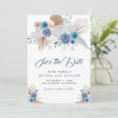 Stofbloem Blauw Bloem Boho Pampas Foto QR Code Save The Date (Staand voorkant)