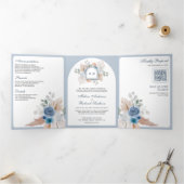 Stofbloem Blauw Bloem Boho Pampas QR Code Trouwen Drieluik Uitnodiging (Binnen)