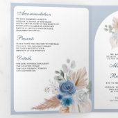 Stofbloem Blauw Bloem Boho Pampas QR Code Trouwen Drieluik Uitnodiging (Binnenzijde eerst)