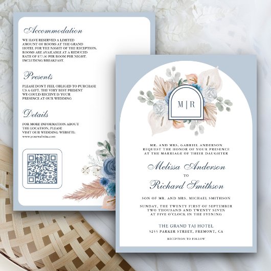 Stofbloem Blauw Bloem Boho Pampas QR Code Trouwen Kaart