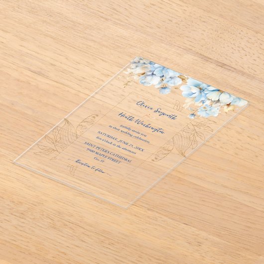 Stofbloem Blauw Bloem Goud Acryl Uitnodigingen (Laagn)