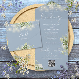 Stofbloem Blauw Bloem Snoer Licht QR Code Huwelijk All In One Uitnodiging