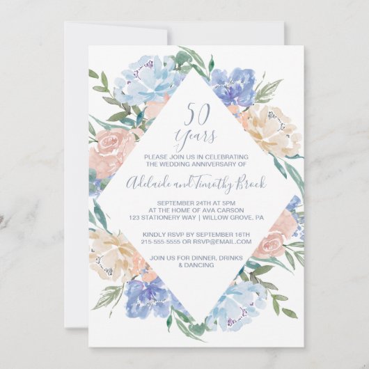 Stofbloem Blauw Bloemendiamant 50ste Huwelijksverj Kaart (Voorkant)