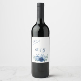 Stofbloem Blauw Bloemig Grappig Monogram Huwelijk Wijn Etiket