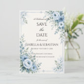 Stofbloem Blauw Bloemmotief Save The Date (Staand voorkant)